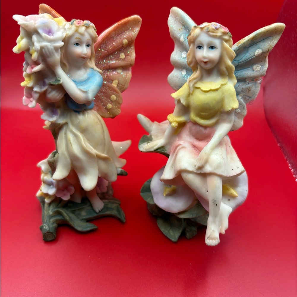 Two Vintage Colorful Fairy Figurines 5"